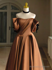 Simple A-Line Satin Brown Long Prom Dress, Brown Long Formal Dress