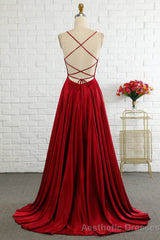 Simple A Line Spaghetti Straps Burgundy Long Prom Dress with Cirss Cross Back