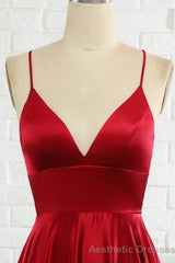 Simple A Line Spaghetti Straps Burgundy Long Prom Dress with Cirss Cross Back