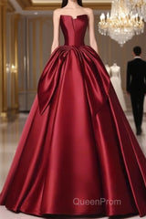 Simple A Line Strapless Burgundy Floor Length Evening Prom Dresses