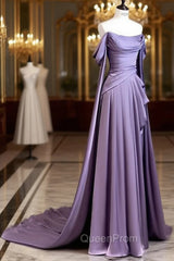 Simple A Line Strapless Sleeveless Satin Lilac Evening Prom Dresses Long Evening Prom Dresses