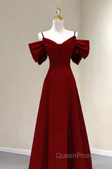 Simple A Line Straps Red Satin Long Evening Prom Dresses