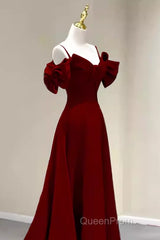 Simple A Line Straps Red Satin Long Evening Prom Dresses