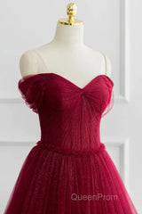 Simple A-Line Tulle Burgundy Long Evening Prom Dresses