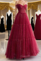 Simple A-Line Tulle Burgundy Long Evening Prom Dresses