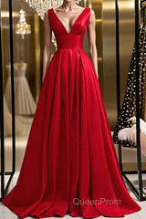 Simple A Line V Neck and V Back Red Satin Long Evening Prom Dresses, Cheap V Neck Red Formal Graduation Evening Dresses