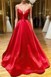 Simple A Line V Neck Backless Red Long Evening Prom Dresses, Backless Red Fromal Dresses, Red Evening Dresses