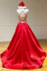 Simple A Line V Neck Backless Red Long Evening Prom Dresses, Backless Red Fromal Dresses, Red Evening Dresses