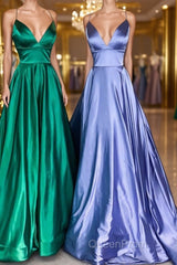 Simple A Line V Neck Emerald Green Blue Long Evening Prom Dresses, Simple Satin Long Formal Evening Dresses