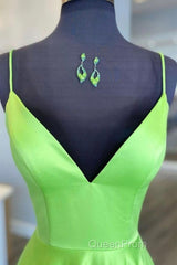 Simple A Line V Neck Green Satin Long Evening Prom Dresses, V Neck Green Formal Graduation Evening Dresses