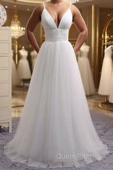 Simple A Line V Neck White Wedding Dresses, V Neck White Tulle Evening Prom Formal Dresses