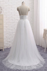 Simple A Line V Neck White Wedding Dresses, V Neck White Tulle Evening Prom Formal Dresses