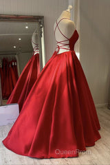 Simple Backless Red Satin Long Evening Prom Dresses, Backless Red Formal Dresses, Red Evening Dresses