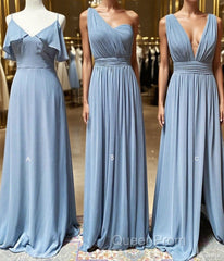 Simple blue chiffon long Evening Prom Dresses blue chiffon bridesmaid Dresses