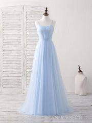 Simple Blue Tulle Long Prom Dress Blue Bridesmaid Dress
