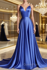 Simple blue v neck satin long Evening Prom Dresses blue evening Dresses