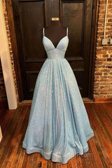 Simple Blue V Neck Sequin Long Evening Prom Dresses,A Line Blue Evening Dresses
