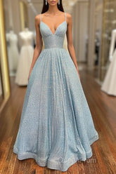 Simple Blue V Neck Sequin Long Evening Prom Dresses,A Line Blue Evening Dresses