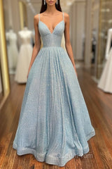 Simple Blue V Neck Sequin Long Evening Prom Dresses,A Line Blue Evening Dresses