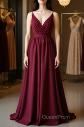 Simple burgundy chiffon lace long Evening Prom Dresses, burgundy evening Dresses