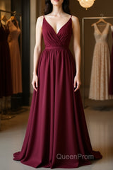 Simple burgundy chiffon lace long Evening Prom Dresses, burgundy evening Dresses