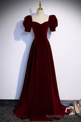 Simple Burgundy Long Velvet Prom Dress with Short Sleeves