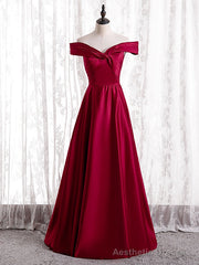 Simple Burgundy Satin Off the Shoulder Pleats Prom Dress