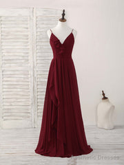 Simple Burgundy V Neck Chiffon Long Prom Dress, Bridesmaid Dress