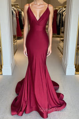 Simple burgundy v neck satin mermaid long Evening Prom Dresses burgundy evening Dresses