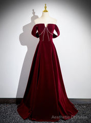 Simple Burgundy Velvet Off the Shoulder Beading Prom Dress