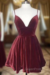 Simple Burgundy Velvet Winter Formal Dresses Short V Neck Homecoming Dresses