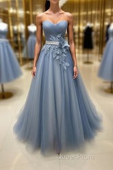 Simple gray blue tulle lace applique long Evening Prom Dresses, tulle evening Dresses