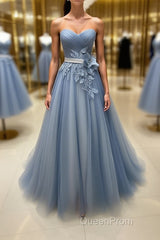 Simple gray blue tulle lace applique long Evening Prom Dresses, tulle evening Dresses