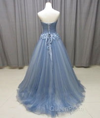 Simple gray blue tulle lace applique long Evening Prom Dresses, tulle evening Dresses