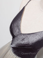 Simple gray v neck tulle long Evening Prom Dresses, gray tulle formal Dresses