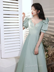 Simple Green V Neck Satin Short Evening Prom Dresses, Green Evening Dresses