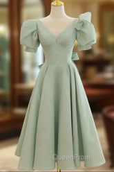 Simple Green V Neck Satin Short Evening Prom Dresses, Green Evening Dresses