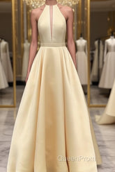 Simple Halter Yellow Satin Long Evening Prom Dresses 2019, Yellow Formal Dresses Long Evening Dresses