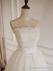 Simple Lace Tea Length White Prom Dress, Tulle Lace Bridesmaid Dress