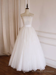 Simple Lace Tea Length White Prom Dress, Tulle Lace Bridesmaid Dress