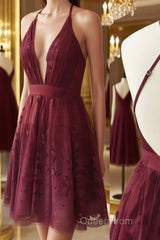 Simple lace v neck tulle short Evening Prom Dresses, homecoming Dresses