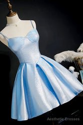 Simple Light Blue Lace Up Back Spaghetti Straps Short Homecoming Dresses,Formal Dresses
