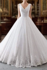 Simple Long Ball Gown V-Neck Lace-Up Tulle Wedding Dresses