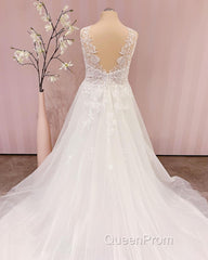Simple Long V-neck A-Line Backless Wedding Dresses With Appliques Lace