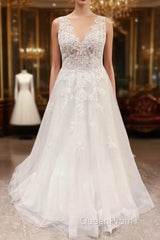 Simple Long V-neck A-Line Backless Wedding Dresses With Appliques Lace