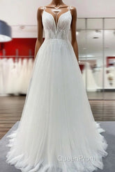 Simple Long V-neck Sequins Ruffles A-line Tulle Backless Wedding Dresses