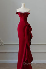 Simple Mermaid Off The Shoulder Neckline Burgundy Sequin Long Party Dresses Evening Prom Dresses