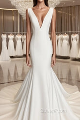 Simple Mermaid Plunge Neck Wedding Dresses