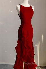 Simple Mermaid Red Chiffon Long Evening Prom Dresses