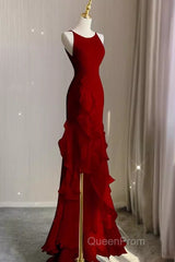 Simple Mermaid Red Chiffon Long Evening Prom Dresses